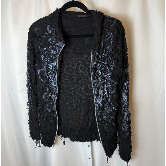 VTG Y2K In Vein Burnout Velvet Hoodie L Black Grunge Shredded Textured Indie - Picture 6 of 8